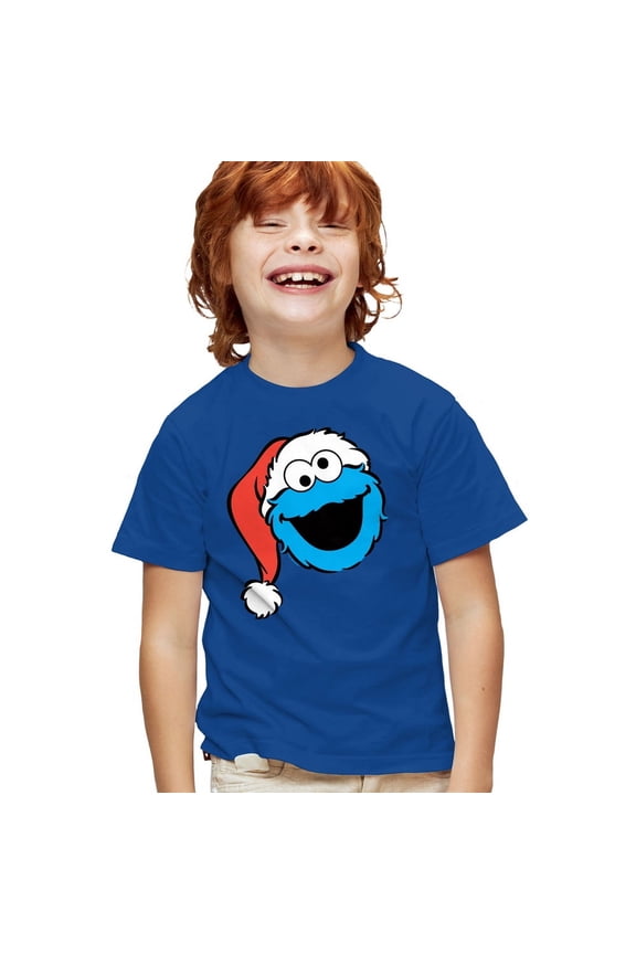 Christmas Santa Hat Cookie Monster Face Kids T Shirt for Youth Boys and Girls, Royal, X-Large