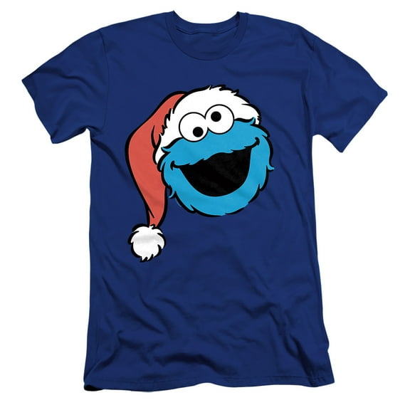 Sesame Street Christmas Santa Hat Cookie Monster Face Unisex Adult Canvas Brand T Shirt, Royal, Small