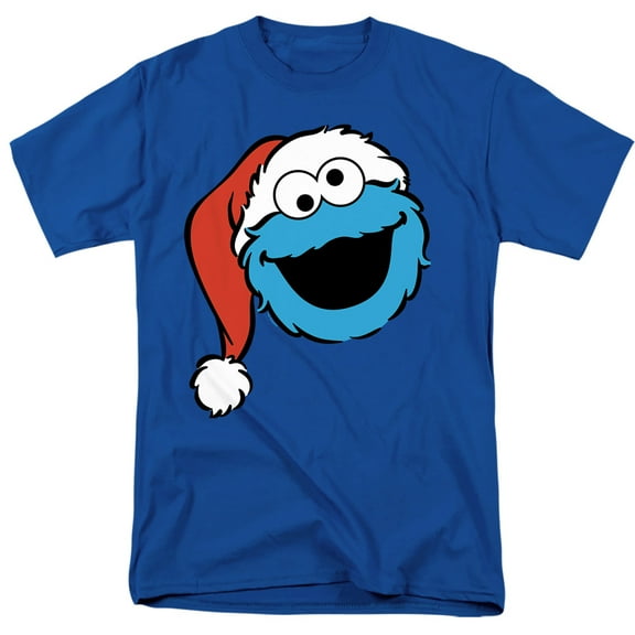 Sesame Street Christmas Santa Hat Cookie Monster Face Unisex Adult T Shirt, Royal, Small