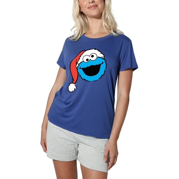 Sesame Street Christmas Santa Hat Cookie Monster Face Women's Loose T-Shirt, Royal, 2X-Large