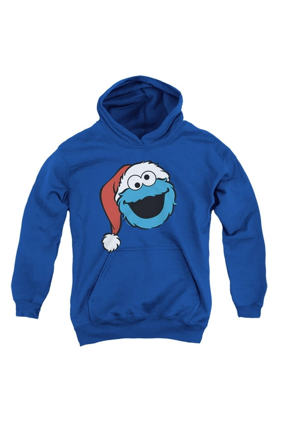 Christmas Santa Hat Cookie Monster Face Youth Kids Boy/Girls Pull-Over Hoodie, Royal, Large