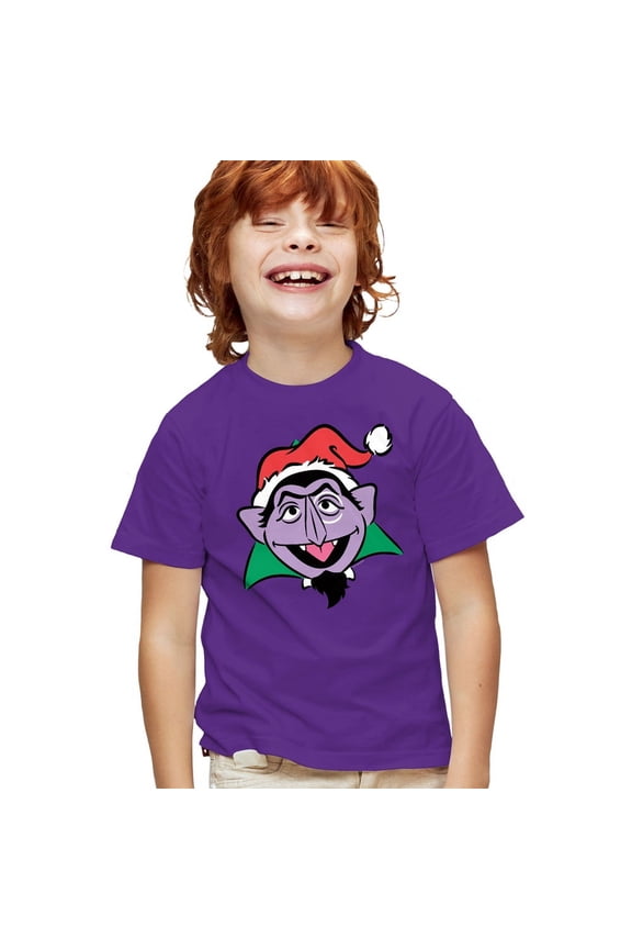 Christmas Santa Hat Count Von Count Face Kids T Shirt for Youth Boys and Girls, Purple, Small