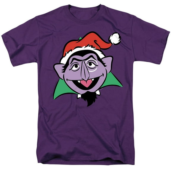 Sesame Street Christmas Santa Hat Count Von Count Face Unisex Adult T Shirt, Purple, Large