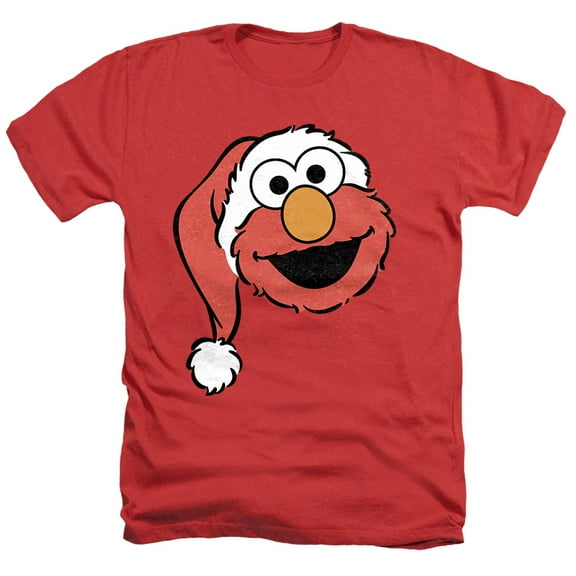 Sesame Street Christmas Santa Hat Elmo Face Unisex Adult Heather T Shirt, Red Heather, X-Large