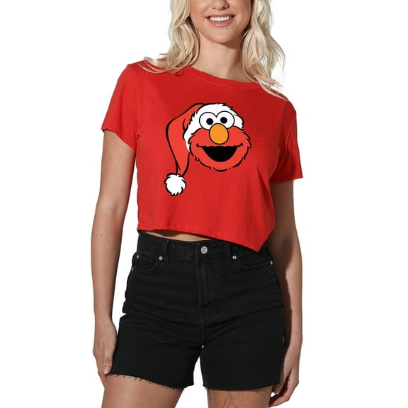 Sesame Street Christmas Santa Hat Elmo Face Women's Crop Top T-Shirt, Red, Small