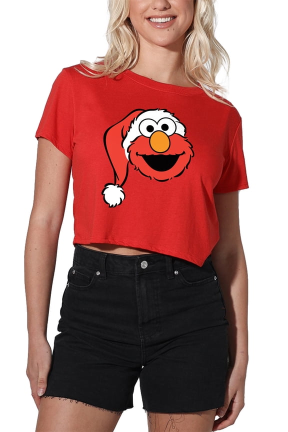 Christmas Santa Hat Elmo Face Women's Crop Top T-Shirt, Red, Small