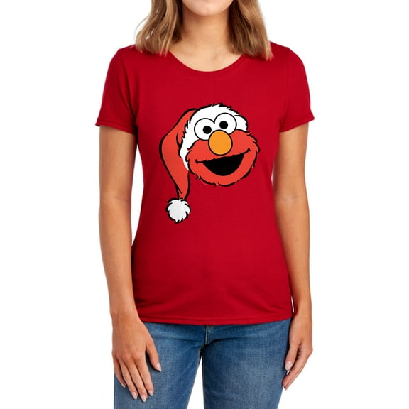Sesame Street Christmas Santa Hat Elmo Face Women's T Shirt, Red, Medium