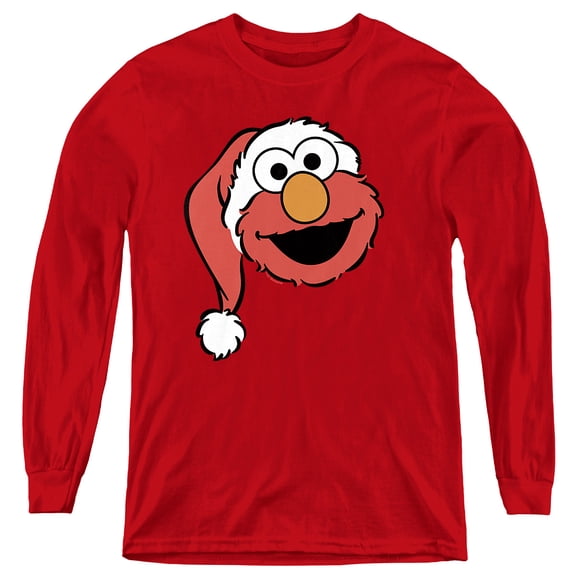 Sesame Street Christmas Santa Hat Elmo Face Youth Long Sleeve T Shirt, Red, Medium