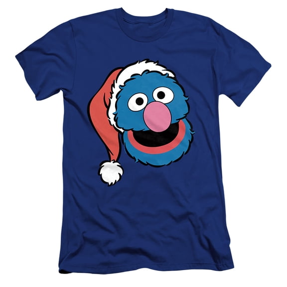 Sesame Street Christmas Santa Hat Grover Face Unisex Adult Canvas Brand T Shirt, Royal, Small