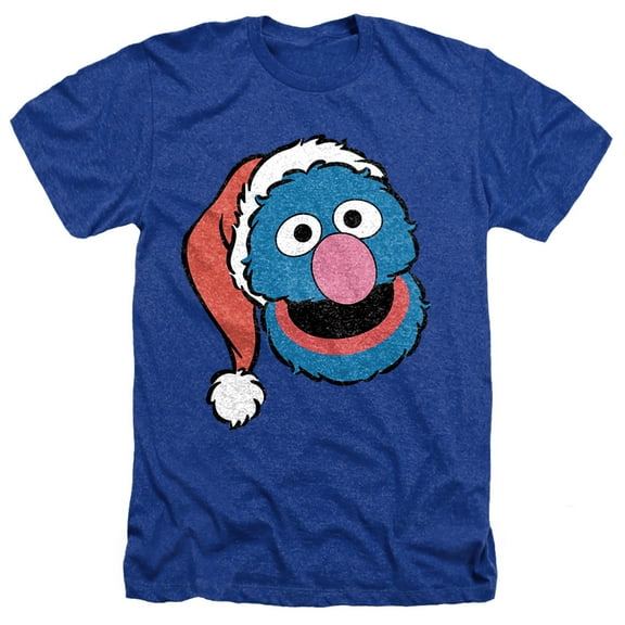 Sesame Street Christmas Santa Hat Grover Face Unisex Adult Heather T Shirt, Royal Heather, Large
