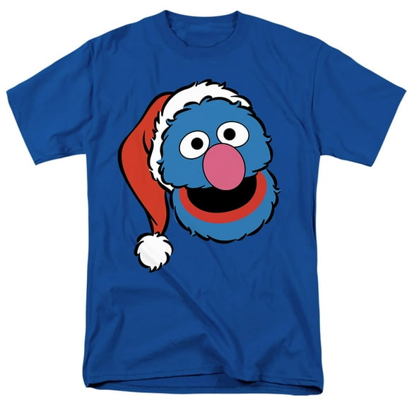 Sesame Street Christmas Santa Hat Grover Face Unisex Adult T Shirt, Royal, Large