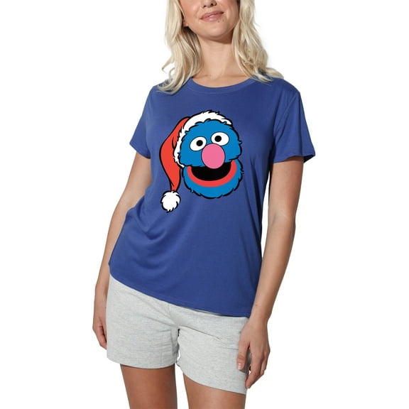 Sesame Street Christmas Santa Hat Grover Face Women's Loose T-Shirt, Royal, 2X-Large