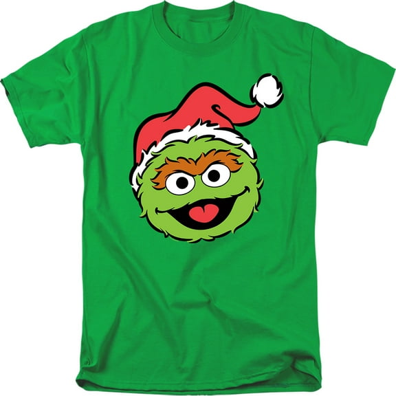 Sesame Street Christmas Santa Hat Oscar The Grouch Face Unisex Adult T Shirt, Kelly Green, 2X-Large
