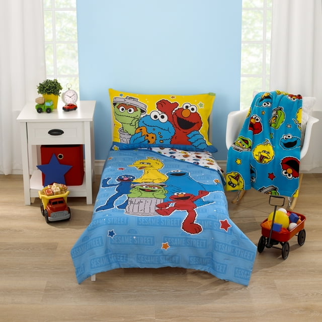 Sesame Street Come And Play 4 Piece Toddler Bedding Set, Blue, Green