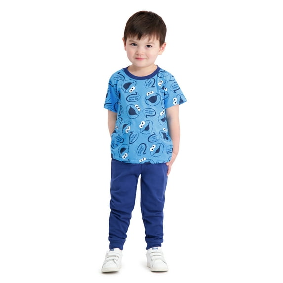 Sesame Street Cookie Monster, 2 Piece Set Jogger Outfit for Boys, Shirt and Pants, Size 12M Blue