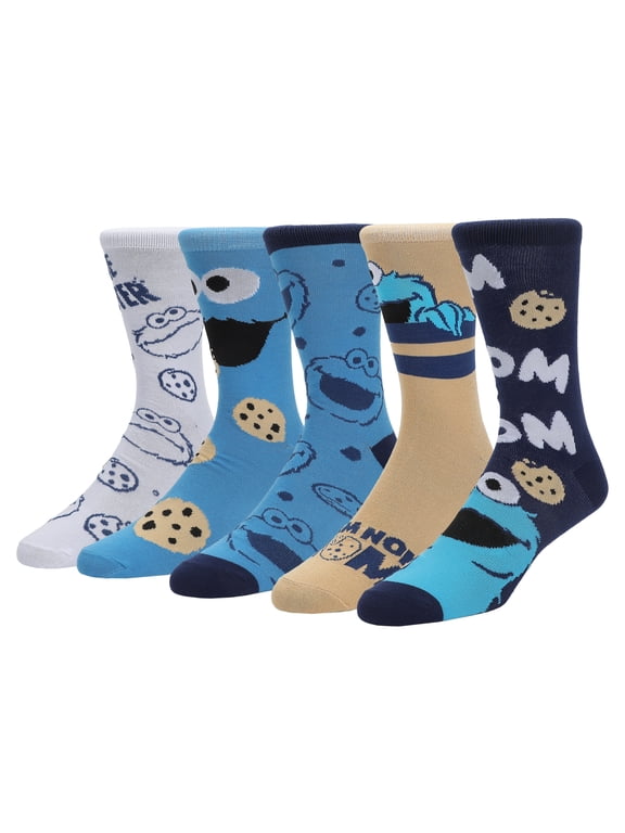 Sesame Street Cookie Monster Character Men's Casual Crew Socks (Pack of 5)