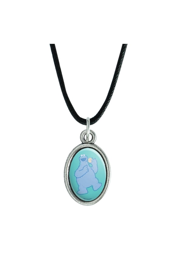 Sesame Street Cookie Monster Distressed Antiqued Oval Charm Pendant with Black Satin Cord