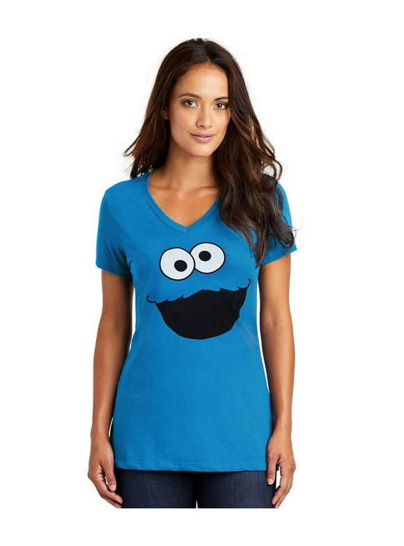 Sesame Street Cookie Monster Face V-Neck Junior Ladies T-Shirt