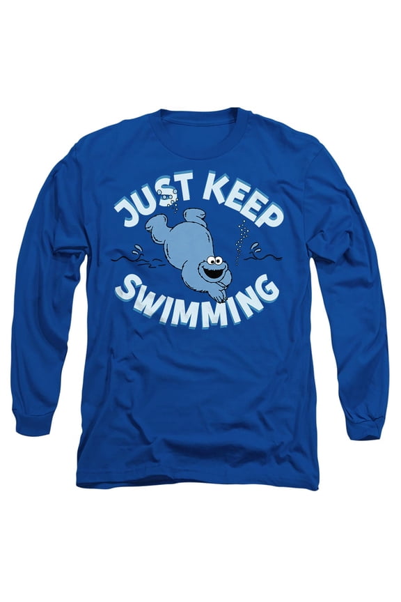 Cookie Monster Just Keep Jumping Unisex Adult Long-Sleeve T Shirt, Royal, Large