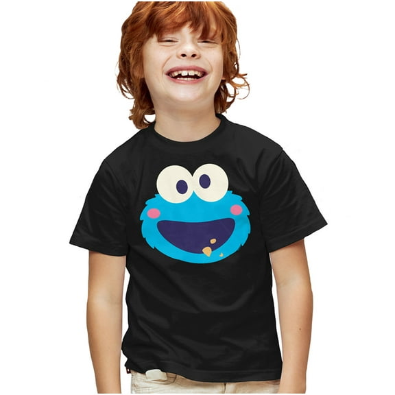Sesame Street Cookie Monster Kawaii Face Kids T Shirt for Youth Boys and Girls, Black, Large