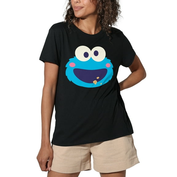 Sesame Street Cookie Monster Kawaii Face Women's Loose T-Shirt, Black, Medium