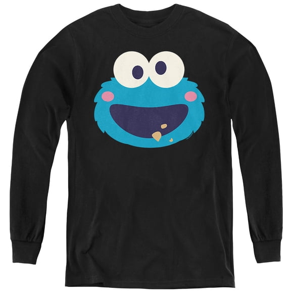 Sesame Street Cookie Monster Kawaii Face Youth Long Sleeve T Shirt, Black, Medium