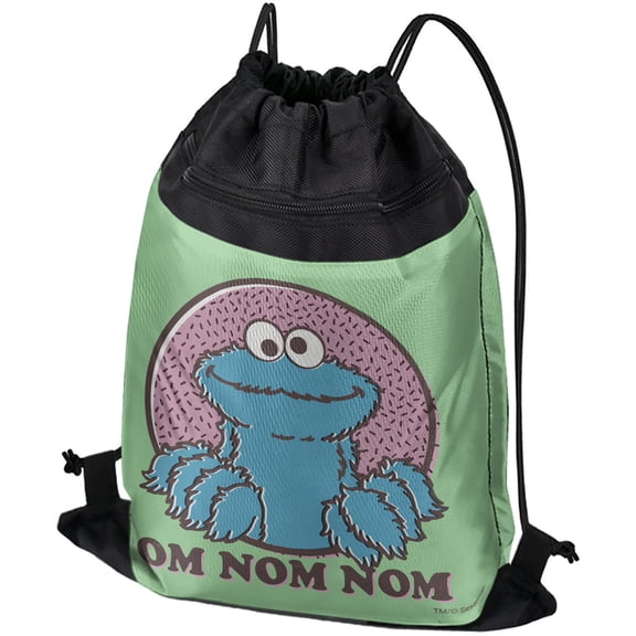 Sesame Street Cookie Monster Om Nom Nom Drawstring Backpack Sports Bag Sackpack 17" x 13", Perfect for Gym, Yoga or Practice