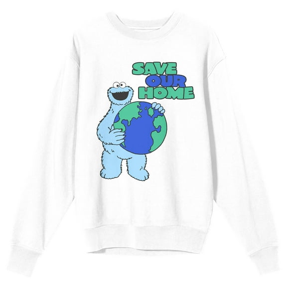 Sesame Street Cookie Monster Save Our Home Crew Neck Long Sleeve White Adult Sweatshirt-Small