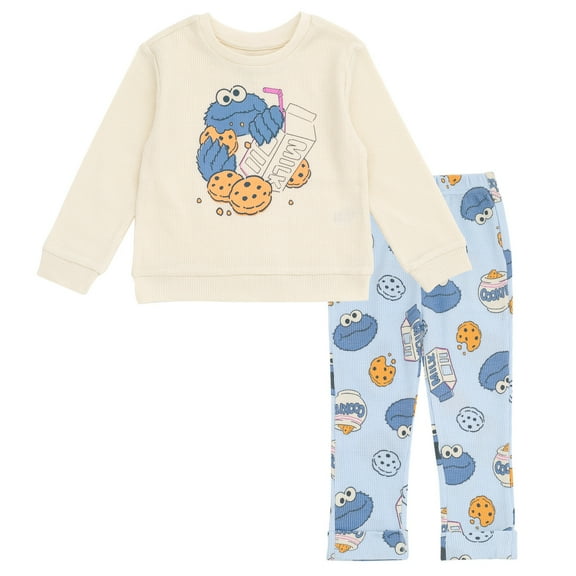 Sesame Street Cookie Monster Waffle Knit Pullover Sweatshirt and Jogger Pants Outfit Set Newborn to Little Kid