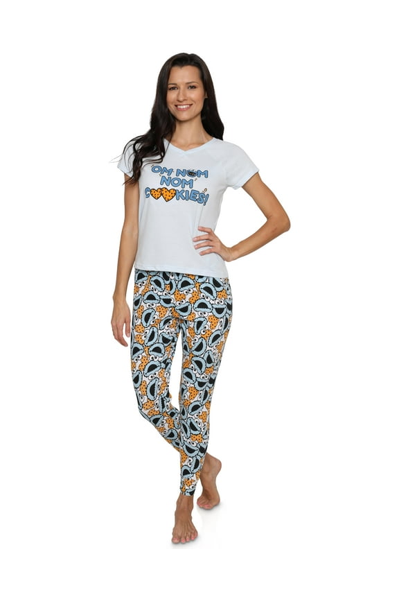 Cookie Monster Womens 2 Piece Pajama Set Om Nom Nom Cookies Sleepwear, Cookie, Size: Large