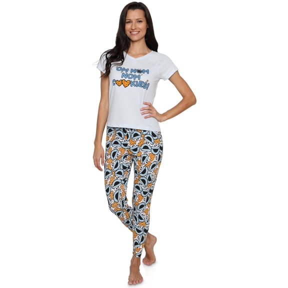 Sesame Street Cookie Monster Womens 2 Piece Pajama Set Om Nom Nom Cookies Sleepwear, Cookie, Size: Large