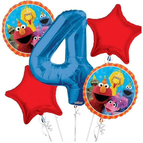 Sesame Street Elmo 4th Blue Happy Birthday Foil Balloon Bouquet 5 pc  Party Balloon Collection