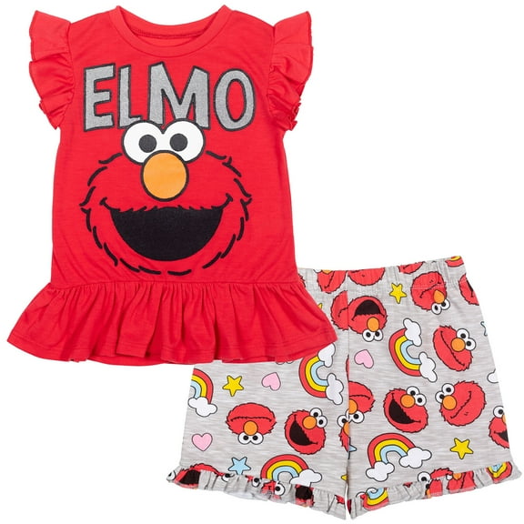 Sesame Street Elmo Baby Girls Ruffle T-Shirt French Terry Shorts Set Red 18 Months
