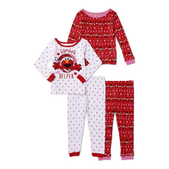 Sesame Street Elmo Christmas Baby Toddler Girl Long Sleeve Snug Fit Cotton Pajamas, 4pc Set
