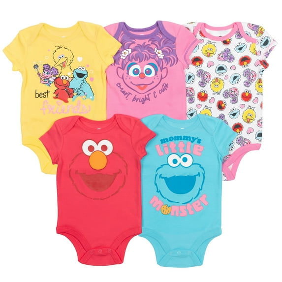 Sesame Street Elmo Cookie Monster Abby Cadabby Newborn Baby Girls 5 Pack Bodysuits Newborn to Infant