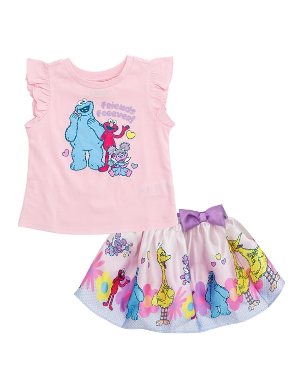 Toddler Girls' 2-Piece T-Shirt and Satin Skirt Set Sesame Street Pink