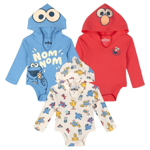 Sesame Street Elmo Cookie Monster Big Bird 3 Pack Hooded Cosplay Bodysuits Newborn to Infant