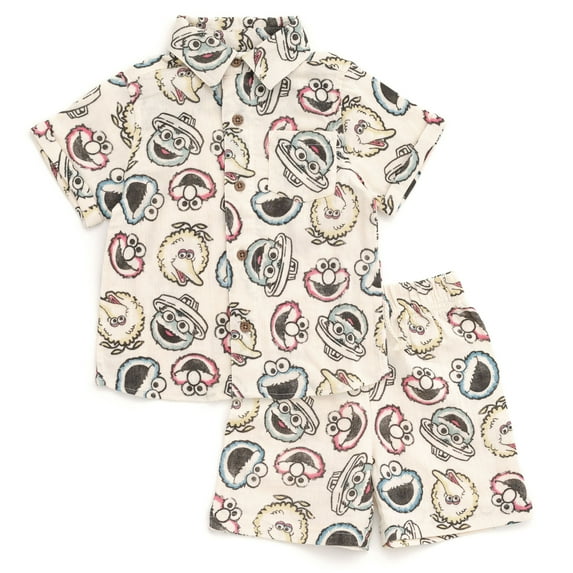 Sesame Street Elmo Cookie Monster Big Bird Cotton Gauze Matching Family Button Down Shirt and Shorts Outfit Set Infant to Little Kid