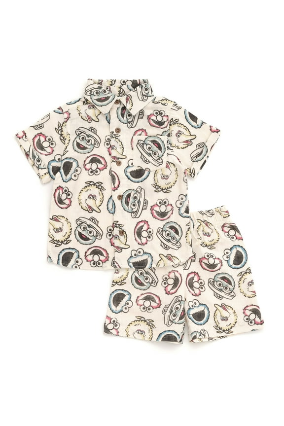 Elmo Cookie Monster Big Bird Cotton Gauze Matching Family Button Down Shirt and Shorts Outfit Set Infant to Little Kid