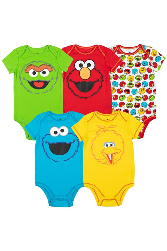 Elmo Cookie Monster Big Bird Infant Baby Boys 5 Pack Bodysuits Newborn to Infant
