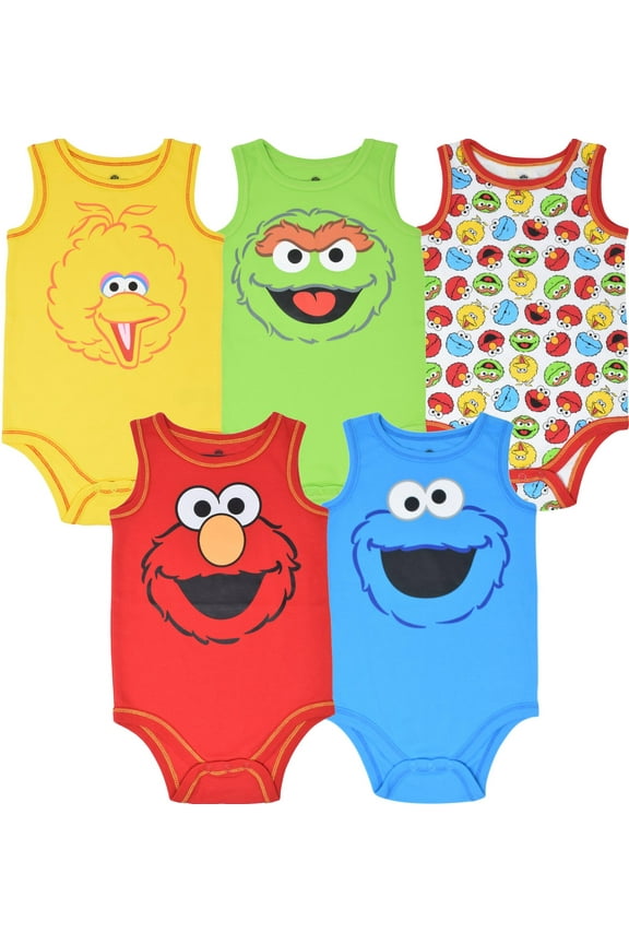 Elmo Cookie Monster Big Bird Newborn Baby Boys 5 Pack Bodysuits Newborn to Infant