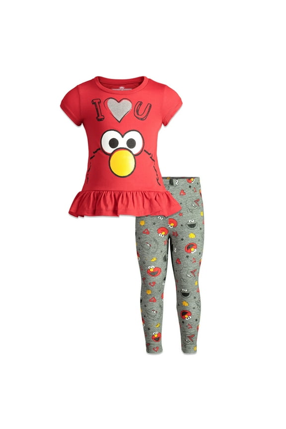 Elmo Cookie Monster Big Bird Toddler Girls Pullover Peplum T-Shirt and Leggings Outfit Set Infant to Little Kid