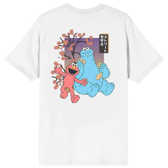 Sesame Street Elmo & Cookie Monster Cherry Blossoms Adult White Crew Neck Short Sleeve T-shirt-5XL