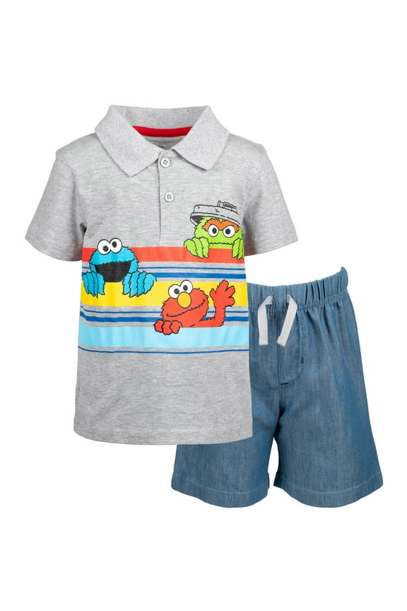 Elmo Cookie Monster Oscar the Grouch Toddler Boys Polo Shirt and Shorts Infant to Toddler