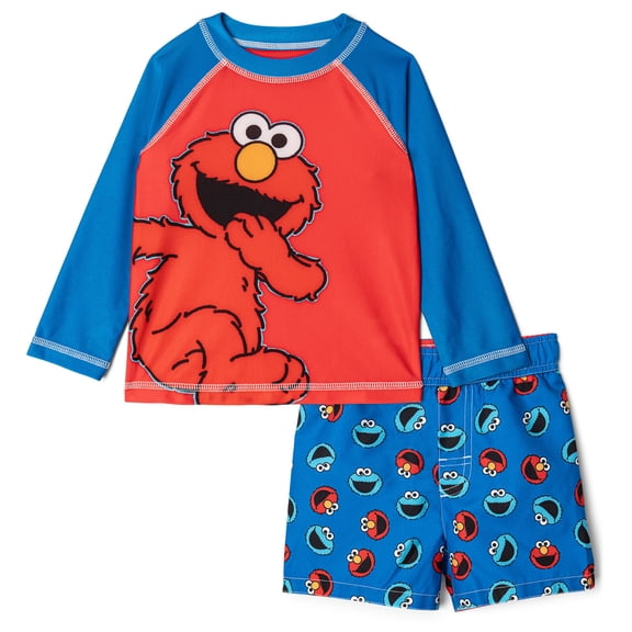 Sesame Street Elmo Cookie Monster Raglan Rash Guard and Swim Trunks UPF 50+ Outfit Set Infant to Toddler