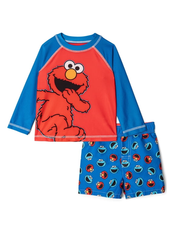 Toddler Boys' 2-Piece Swimwear Rash Guard and Swim Trunks Set Elmo Red Blue