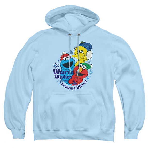 Sesame Street Elmo, Cookie Monster Warm Wishes For Christmas Adult Pull-Over Hoodie, Light Blue, 2X-Large