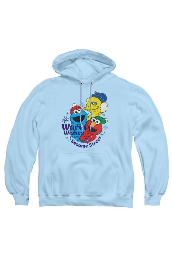 Elmo, Cookie Monster Warm Wishes For Christmas Adult Pull-Over Hoodie, Light Blue, Small