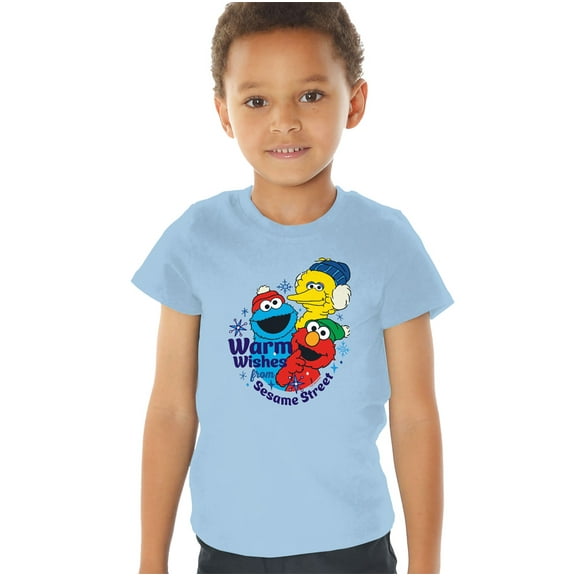 Sesame Street Elmo, Cookie Monster Warm Wishes For Christmas Kids T Shirt (2) for Toddler Boys and Girls, Light Blue