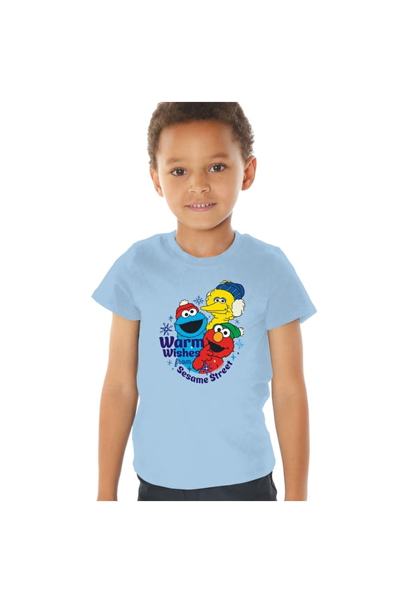 Elmo, Cookie Monster Warm Wishes For Christmas Kids T Shirt (4) for Toddler Boys and Girls, Light Blue